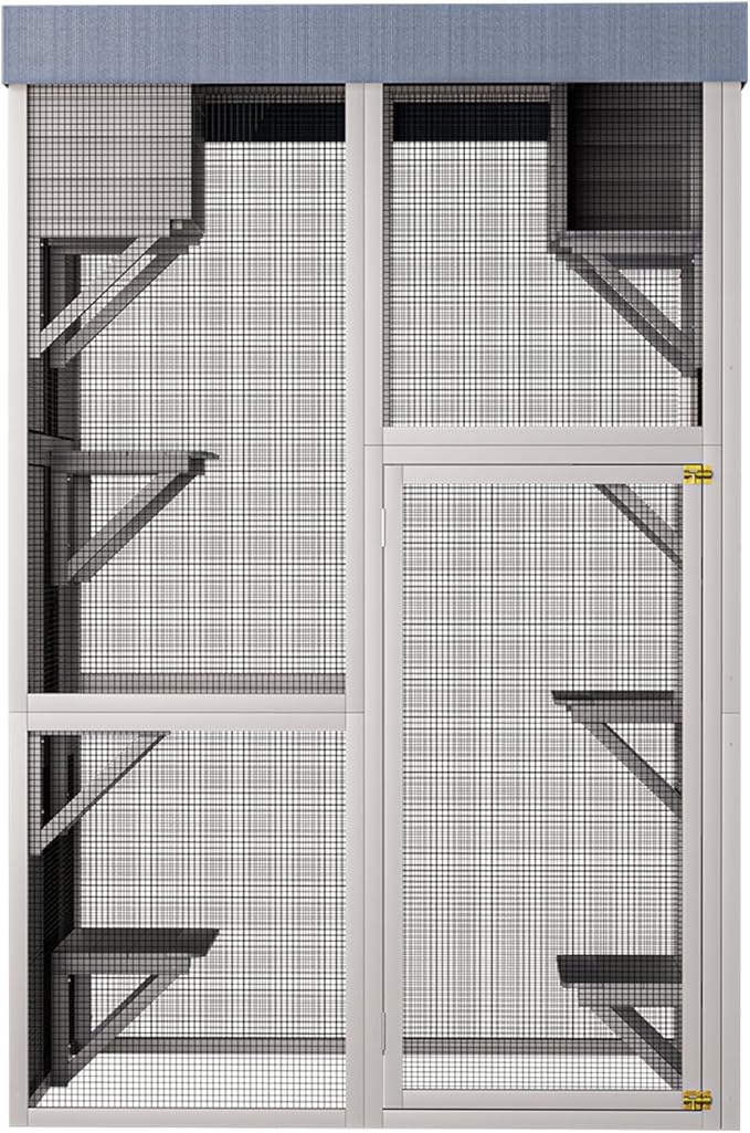 70.5" H Catio Outdoor Cat Enclosure,Cat House with Waterproof Roof and Large Enter Door,Wooden Shelter W/ 6 Jumping Platforms & 2 Napping Houses,Cats Cage for Walk in Kitten Kennel,Gray
