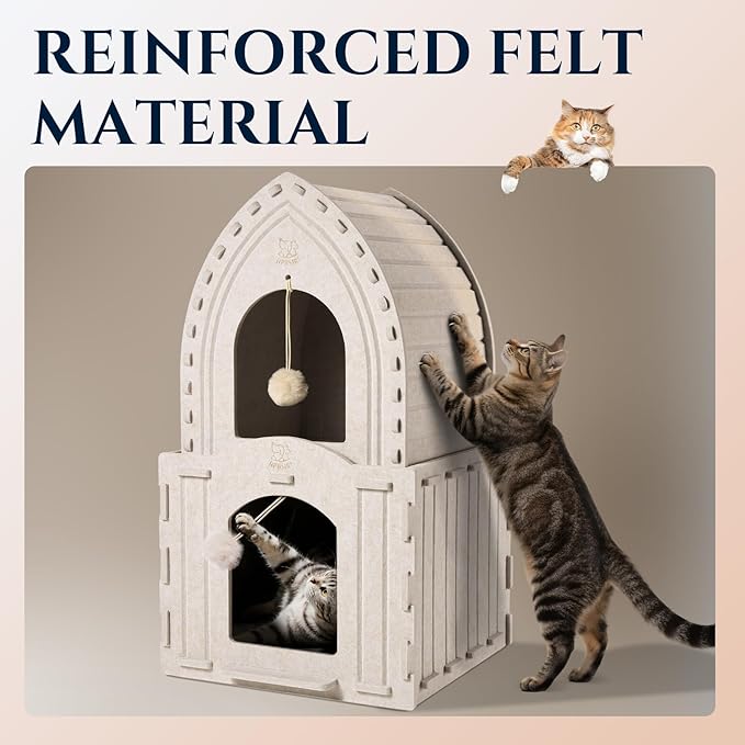 Apasiri 2-Story Cat House for Indoor Cats: Convertible 2-in-1 Felt Cat Condo, Scratch-Resistant, Hideaway Cave for Multi Small Pet Kitten to Relief Anxious, Transitional Modern Cat Furniture