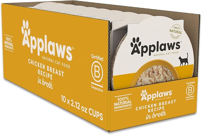 Applaws Natural Wet Cat Food in Broth, Limited and Natural Ingredients, High Protein with No Artificial Additives, Chicken Breast in Broth (10 x 2.12 oz Easy-Open Cups)