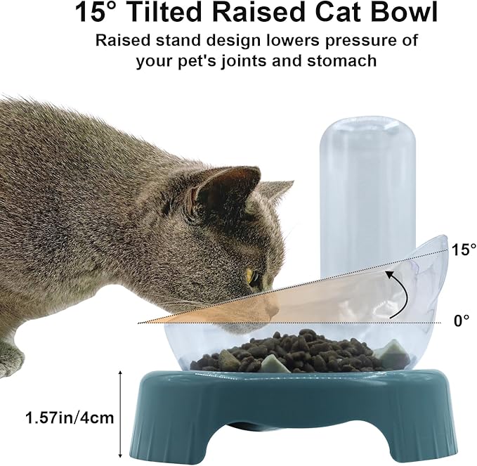 Triple Dog Cat Bowls, 15 Tilt 3-in-1 Water Feeder Bowls with Automatic Water Bottle Bowl, Removable Cat Wet and Dry Food Bowl Set for Small Cat and Puppy (Navy Blue)