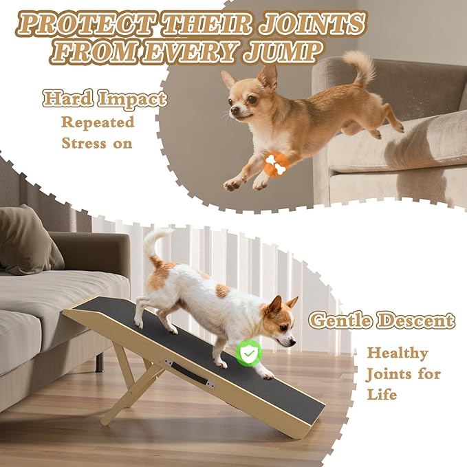 Dog Ramp for Couch - 4-Level Adjustable (8.6"-20.9") & Wider Foldable Pet Ramp for Small Dogs, Non-Slip EVA Mat with Glow Strips, Solid Birchwood Supports 200Lbs