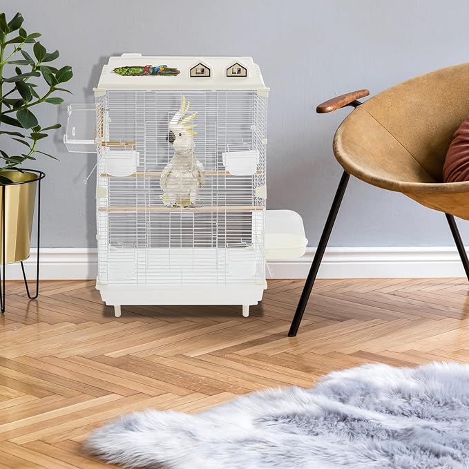 Two-Tier Bird Cage, 30 Inch Pigeons Parrot Birdcage with Safe Rotary Door Lock, White Parakeet Cage for Small to Medium Birds, Easy Access Double Doors. (D)