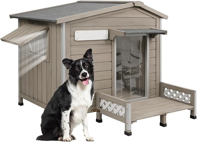 41" L Outdoor Large Dog House with Porch, Removable Floor, Raised Feet, Anti-Chewing Iron Frame - Wooden Kennel with Asphalt Roof, Window for Indoor/Outdoor Use, Ideal for Medium to Large Dogs