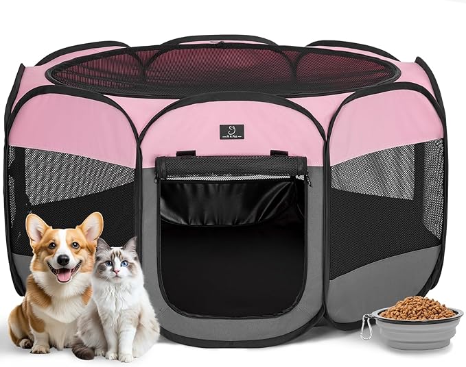 Portable Indoor Dog Playpen for Small Dogs & Puppies by A 4 Pet – 40.55" Pop-Up Soft Puppy Playpens with Bowl, Waterproof Floor, Calm Safe Space for Home, Travel & Daily Use