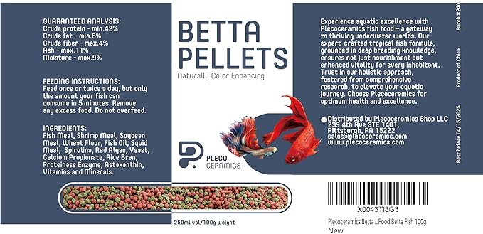 Plecoceramics Betta Fish Pellets Extreme Color, Complete Nutrition Plus Color Boost, Enhancing Floating Food Betta Fish (3.5 oz / 100 g)