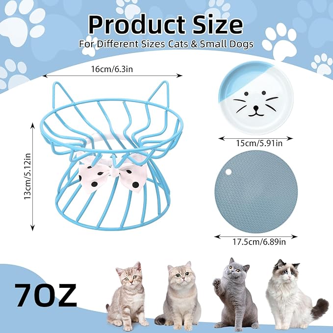 Elevated Cat Food Dishes, Whisker-Friendly Cat Plates with Metal Stand for Food and Water, Anti-Vomit, Non-Slip Feeding Station for Indoor Cats, Kitte