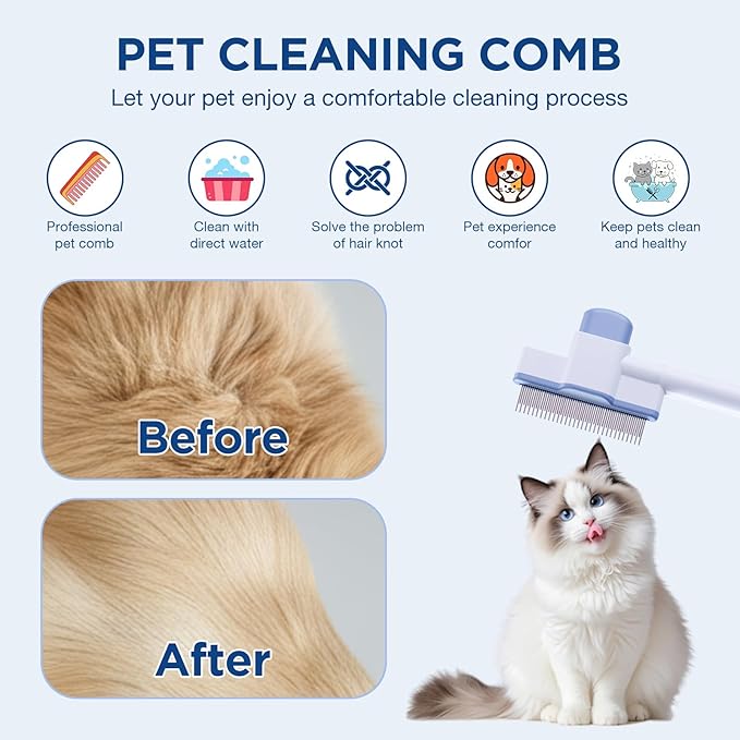 Cat Comb Dog Comb– Pet Hair Removal Tool for Fleas, Lice (Suitable for Cats & Dogs). Cat Brush with Release Button, Self-Cleaning Design, and Long & Short Stainless Steel Teeth for Shedding