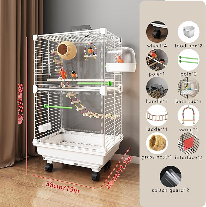 Bird Cage,Large Parrot Cage with Acrylic Doors, 3-Tier Movable Birdcage Parakeet Cage w/Wheels, 360° View Spacious Interactive Bird House (White, with breeding Box)