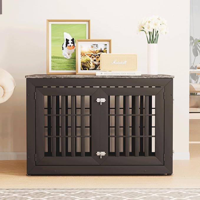 42" Heavy Duty Dog Crate Furniture for Small,Medium and Large Dogs,Rustic Wooden Dog Cage Kennel Indoor Furniture with Waterproof Top,Decorative Pet House Side End Table (Black & Grey)