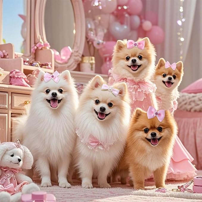 20 PCS Cute Dog Hair Bows with Rubber Bands Elastic Handmade Mix Style Lace Rhinestone Pearls for Furry Puppy Cat Pet Girl, Pink