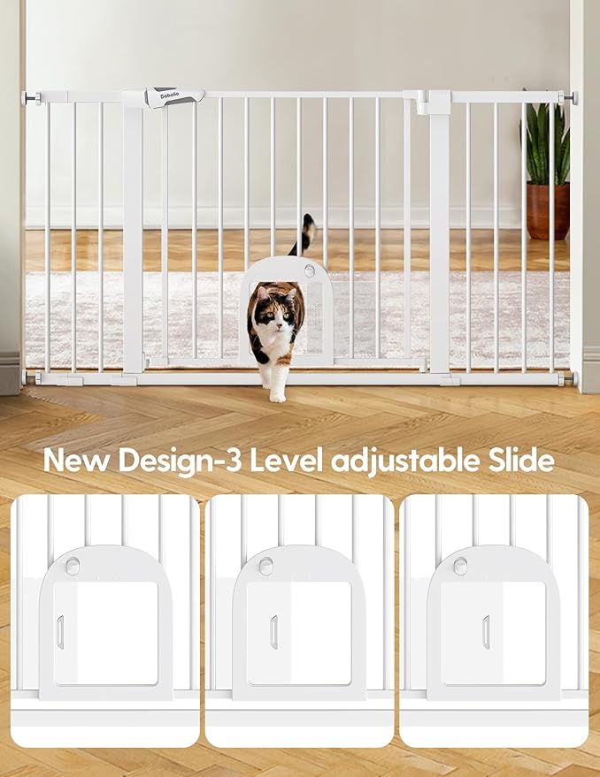 Babelio 36.5-57" Extra Wide Baby Gate with Cat Door, CatPrivilege Ⅲ, Auto Close & Two Way Swing, Pressure Mounted Dog Gates for Stairs, Doorways, Includes 4 Wall Cups and 3 Extension Pieces,White