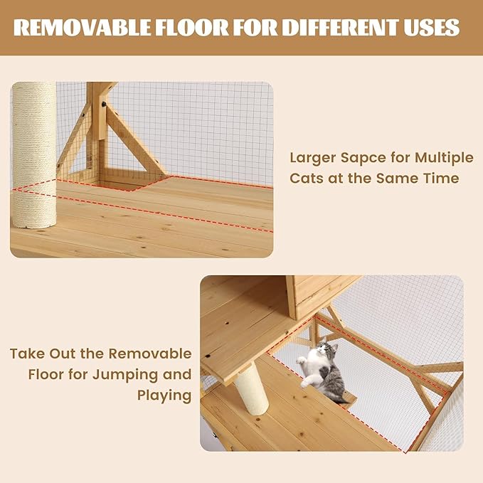 TITIMO 71" Catio Cat Enclosure Window, Large Outdoor/Indoor Cat House for Multiple Cats, Wooden Kitty Condo W/Waterproof Roof, Platforms, Resting Box, Scratching Post, Sisal Ball, Wheels