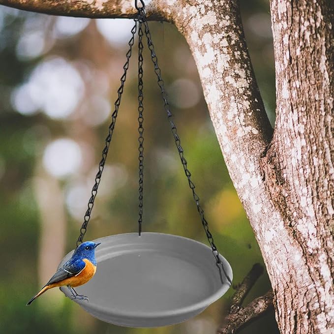 Hanging Bird Feeder and Waterer Tray Water Feeding Bowl Garden Decor with Chains Sturdy Birds Water Station for Backyard Yard, Grey