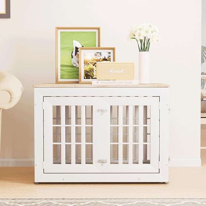 38" Heavy Duty Dog Crate Furniture for Small,Medium and Large Dogs,Rustic Wooden Dog Cage Kennel Indoor Furniture with Waterproof Top,Decorative Pet House Side End Table (White & Wood)