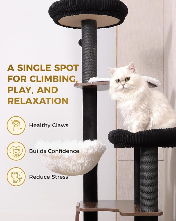 63" Modern Cat Tree Tower for Indoor Cats, Heavy Duty Cat Trees for Large Cat, Adult Maine Coon Cat Tree Tower with Scratching Post, Extra Large Top Perch, Cat Condos, Jet Black