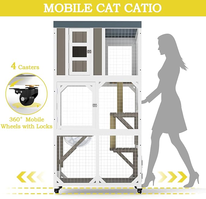 64.4" L Catio Outdoor Cat Enclosure,Outdoor Cats House with 10 Platforms & 2 Space Capsules,Wooden Cat Catio Cats Enclosure with Weatherproof Oxford Cloth Roof & 8 Wheels,Grey
