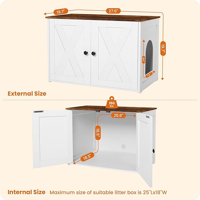 Dwanton Litter Box Enclosure, Cat Litter Box Furniture Hidden, Reversible Entrance Can Be on Left or Right Side, Wooden Cat Washroom Indoor, White and Rustic Brown, 27.6 Inches