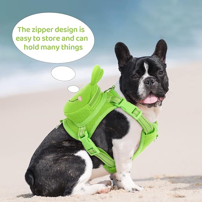 Dog Harness with Backpack, Adjustable Dog Backpack Harness for Small Medium Dogs, No-Pull Breathable Backpacks for Dogs to Wear, for Traveling, Hiking, Camping, Training, Green Frog M