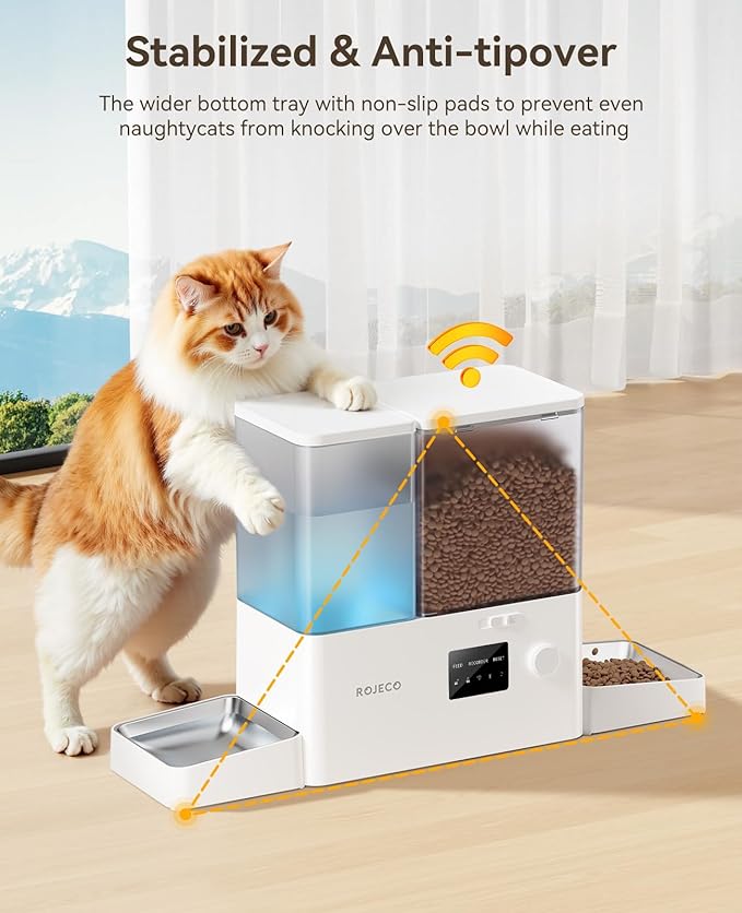 Rojeco 36Cups/8.5L WiFi Automatic Cat Feeder and Gravity Water Dispenser,Stainless Steel Bowls 2-in-1 Large Capacity 5L Food Dispenser with APP and 3.5L Water Fountain for Pets,Dogs,Puppies,Kittens