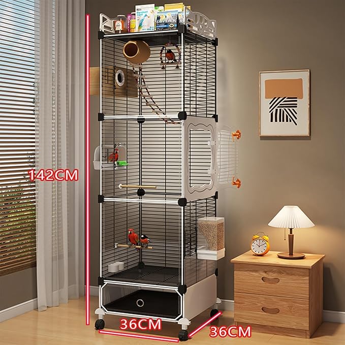 Large Parrot Cage with Acrylic Doors, 4 Casters, Perch & Feeder, Detachable Drawer, Ideal for Cockatiels, Budgies, Conures, Indoor/Outdoor Use – Spacious White Birdcage (Black, 36 * 36 * 142cm)