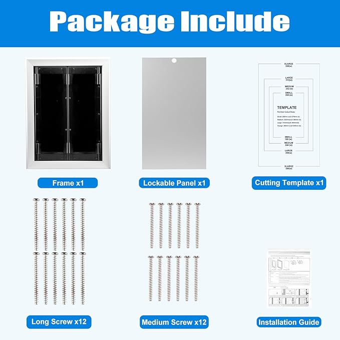 Aluminum Pet Door with Panels,Durable Dog Door with Automatic Closing Magnetic Flaps, Slide-in Panel & 4 Security Locks, Ideal for Interior and Exterior Doors, Screen and Wall, Medium, Sliver