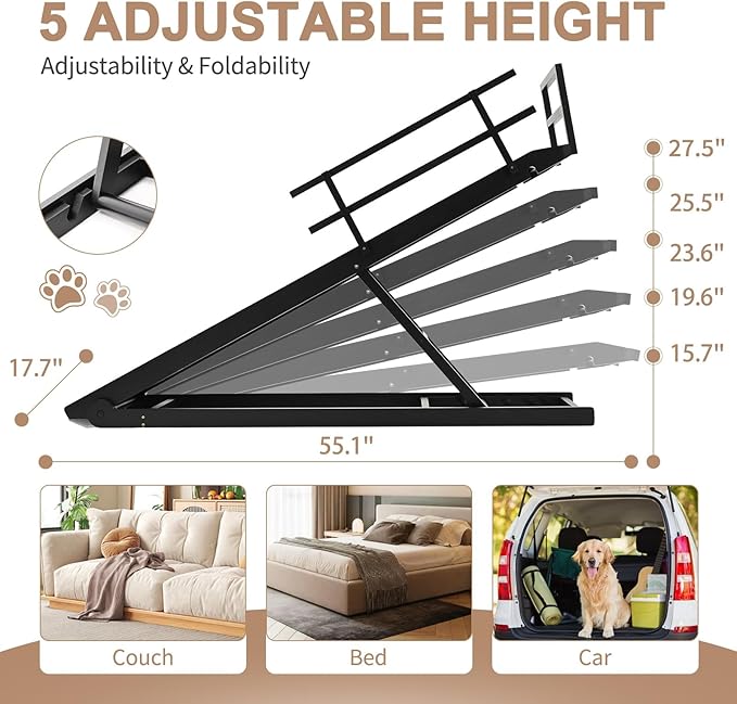 SLSY Dog Ramp for Bed & Couch, Folding Adjustable Pet Ramp with Non-Slip Rubber Mat, 55" Long, 5 Height Settings (15.7"–27.5"), Portable Wooden Dog Ramp Supports up to 220 lbs