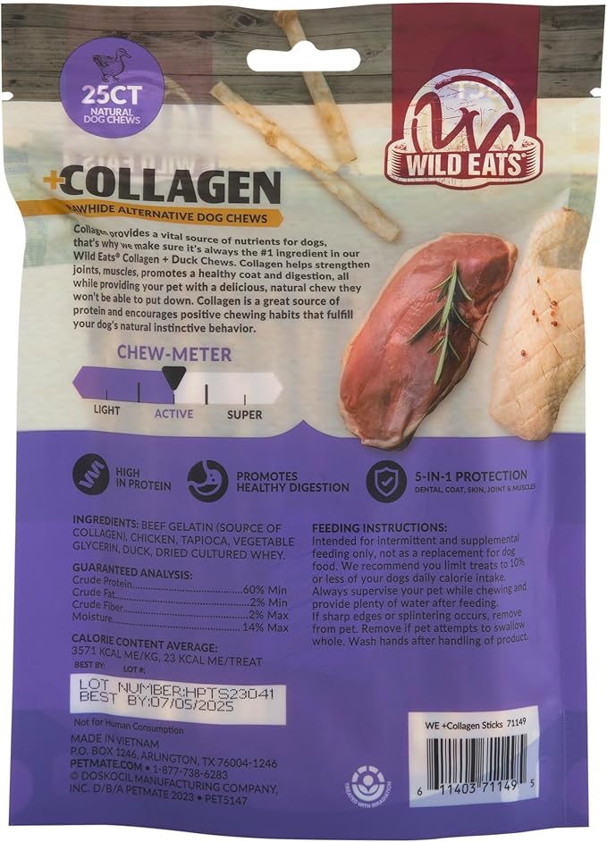 Wild Eats Real Duck Collagen Sticks for Dogs (25 Pack,5 Inch) Long Lasting Dog Chews No Hide Dog Treat Bully Stick Alternative, Rawhide Free, Grain Free, High Protein