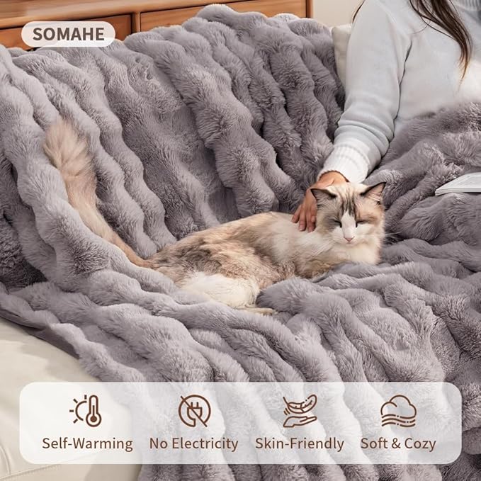 Self-Warming Cat Blanket for Indoor Cats & Small Dogs, Dual-Side Sherpa Plush Throw, Anti-Static Shared Couch Mat for Crate & Travel, Machine Washable No Shrink, 28x22 Inch Gray