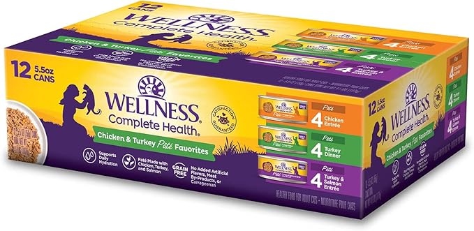 Wellness Complete Health Pate Adult Wet Cat Food, Natural, Protein-Rich, Grain-Free, 5.5 Ounce , 12 Pack, (Chicken & Turkey Favorites Variety Pack)