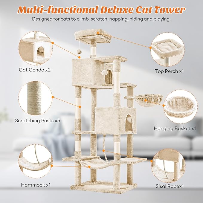 Sweetcrispy 66 Inch Cat Tree Tower, Multi Level Cat Climbing Tower with Natural Sisal Scratching Posts, Hammock, Pet Condo for Indoor Cats and Kittens Play, Beige