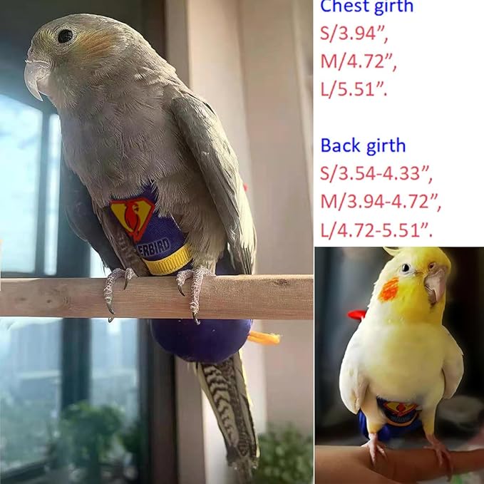 Parrot Flight Suit Diaper (Without Leash) - Reusable Bird Diaper for Budgies, Lovebirds, Cockatiels, and More - Fabric Bird Suit (Blue Superman-L)