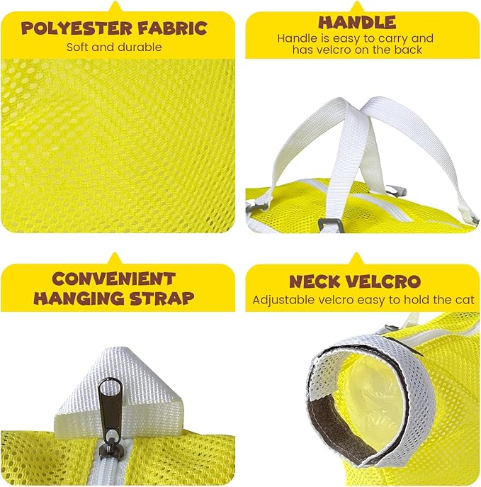 Cinf Cat Bathing Bag(Free Muzzle) Breathable Mesh Anti Scratch Adjustable Cat Grooming Bag for Nail Trimming, Bathing Soft Cat Washing Bag(Yellow) L