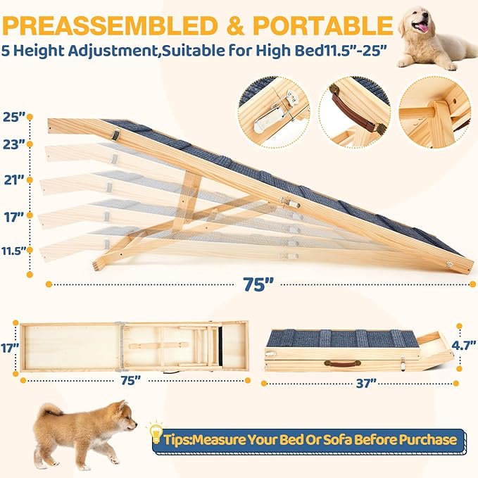 Foldable Dog Ramp for Bed/Couch/Car, 75'' Extra Long Wood Ramp with Anti-Slip Carpet, Gentle Long Slope, Top Landing Platform, 5 Adjustable Heights, Up to 200 Lbs, Ideal for Older and Larger Dogs