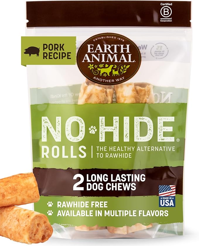 Earth Animal No Hide Chews - Long Lasting Rawhide Free Medium Dog Chews Rolls, Pork - 2 Count