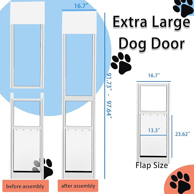 Extra Large Dog Door for Sliding Glass Doors, Adjustable Height 91.73"-97.64",No-Cut Easy Installation,Magnetic Closing Curtain.