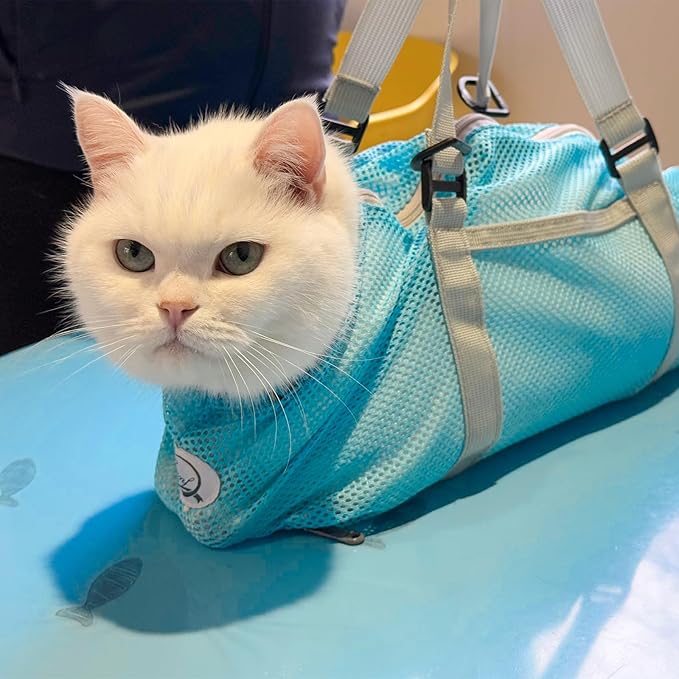 Cinf Cat Bathing Bag(Free Muzzle) Breathable Mesh Anti Scratch Adjustable Cat Grooming Bag for Nail Trimming, Bathing Soft Cat Washing Bag(Light Blue) M