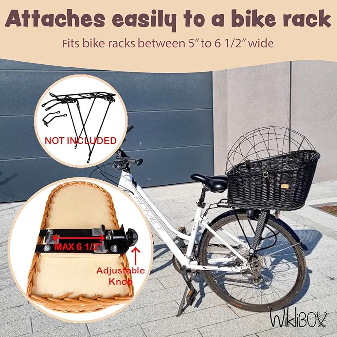 Natural Wicker Dog Bike Basket - 100% Organic Rattan Pet Carrier with Protective Grille - Eco Friendly Design - Soft Cotton Cushion & Mounting Bracket for Secure Bicycle Rear Luggage Rack