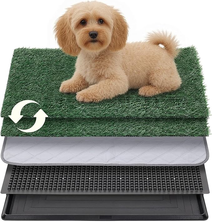Dog Grass Pad with Tray, 16"x20" Grass Pad for Dogs Potty with 2pcs Artificial Grass, Indoor Dog Litter Box for Balcony Apartment, Realistic, Washable, Less Odor