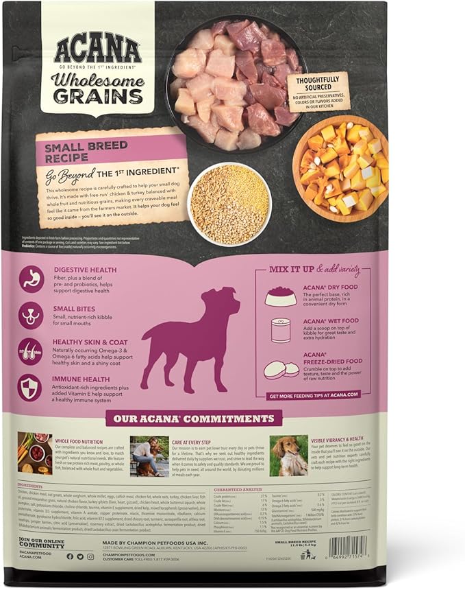 ACANA Wholesome Grains Dry Dog Food Small Breed Recipe Real Chicken Eggs and Turkey 11.5lb Bag