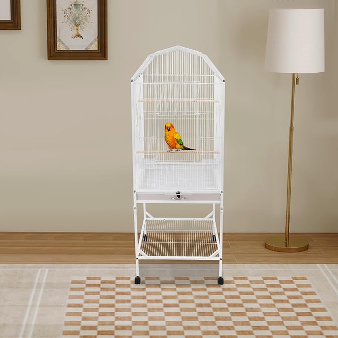 Large 46" Rolling Bird Cage for Mid-Sized Parrots with Detachable Stand, 4 Universal Wheels & Removable Tray, Iron Birdcage for Cockatiels, Parakeets, Finches (White)