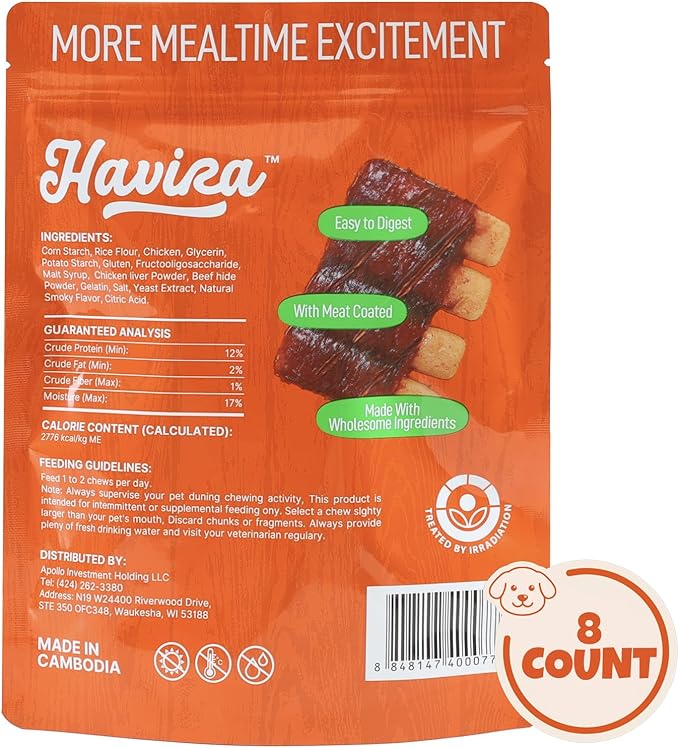 Havira BBQ Dog Treats Spareribs 8 Count, Grill-Shaped Rawhide Free Dog Chews Bone, Easily Digestible, for All Life Stages