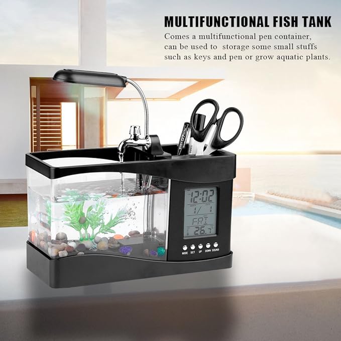Small Divided Fish Multifunctional USB Rechargeable Mini Fish Aquarium with Clock Function LED Light(Black)
