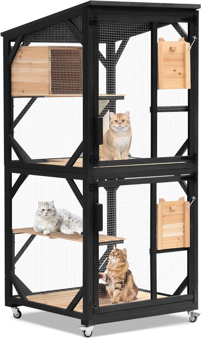 Large Cat House 4 Tiers Outdoor Catio with Removable Platforms Catio Outdoor Enclosure Window Access with Weatherproof Asphalt Roof Indoor Catio with Wheels