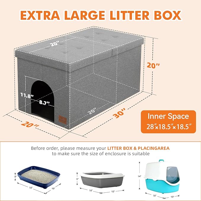 Cat Litter Box Enclosure Furniture for Odor Control, Hidden Cabinet Cats Litter Ottoman with Flip-Up Lid,Cat Litter Box Bench with Storage Space, Dog Proof (Light Grey, X-Large)