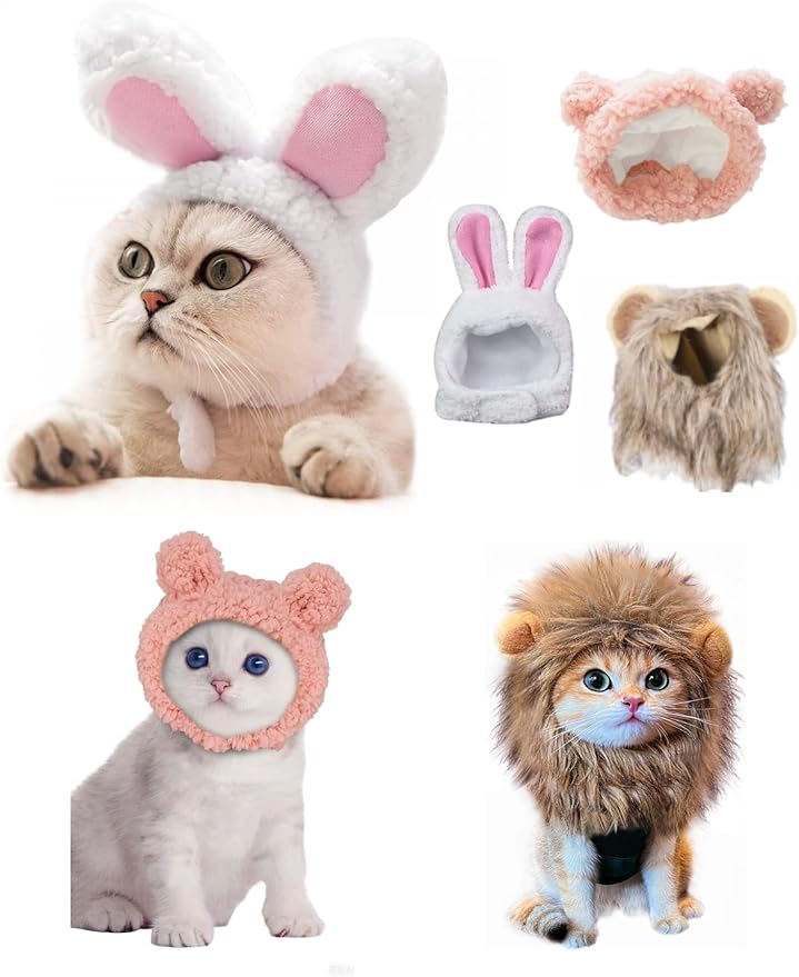 Cute Cat Hats 3-Pack - Lion Rabbit Pink Bear Costume Headwear for Kittens,Bunny Ears for Cats,Soft Dress Up Party Halloween Costume Accessories for Cats