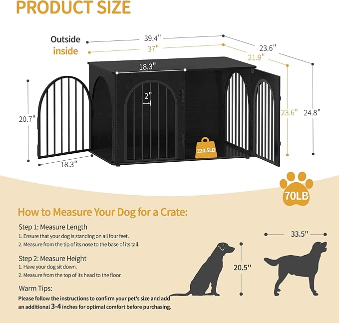 39.4" Wooden Dog Crate Furniture, Indoor Dog Kennel Dogs Cage for Small/Medium/Large Dogs, Heavy Duty Dog Crates Decorative Pet House End Side Table TV Stand, Black DFC84104B