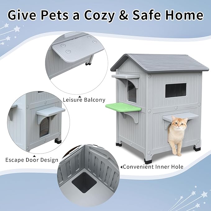Weatherproof Outdoor Insulated Cat House for Feral Multi Cat, 2 Storey Plastic Elevated Cat Shelter with Escape Door, Easy Assemble, Expansive Interior‌ Grey 34" D x 21" W x 21.5" H