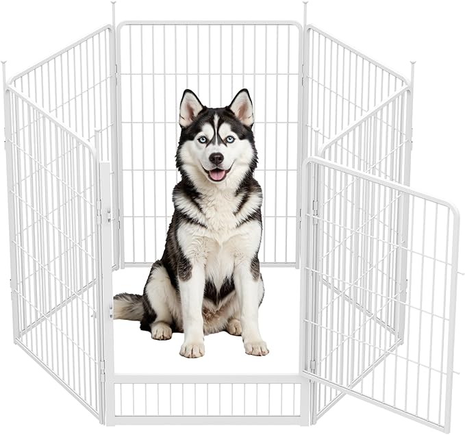 SunsGrove Indoor Dog Playpen, 40 Inch 6 Panels with Wider Door for Medium and Large Dogs, Easy Setup Anti-Rust Pet Fence, White