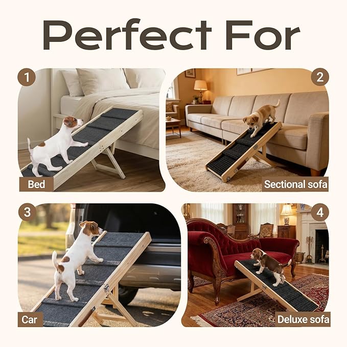 Dog Ramp for Couch & Bed for Small Dogs, Foldable Small Dog Ramps for Sofa - 31.5" LX12 W, 4 Adjustable Height, Portable, Stable, Non-Slip, Carry Handle, Wood