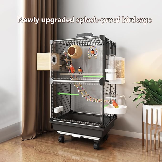 Bird Cage,Large Parrot Cage with Acrylic Doors, 3-Tier Movable Birdcage Parakeet Cage w/Wheels, 360° View Spacious Interactive Bird House (White, with breeding Box)
